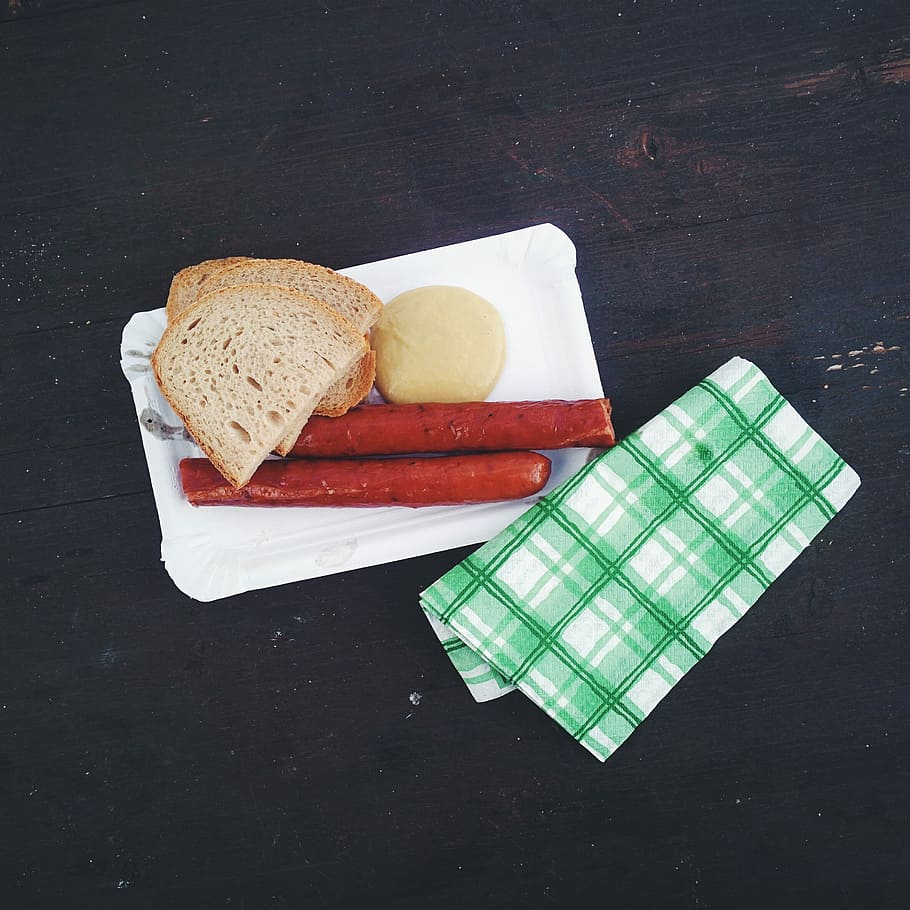 smoked, sausage, Traditional, Czech, smoked sausage, bread, top view, food, breakfast, snack