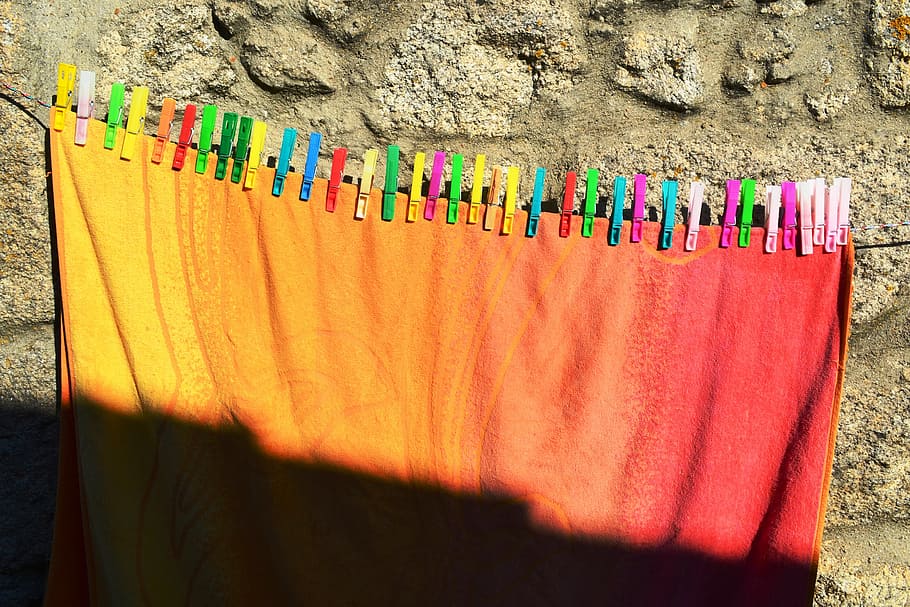 sun, drying rack, clothing, colors, tweezers, shadow, multi colored, side by side, day, variation