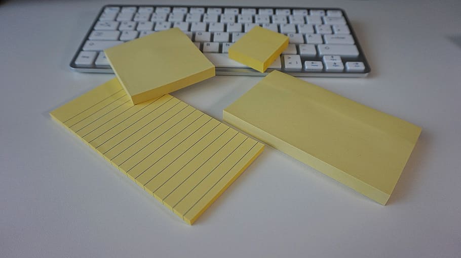 Postit, Sticky Notes, Adhesive, adhesive note, office accessories, memo pad, indoors, yellow, high angle view, close-up