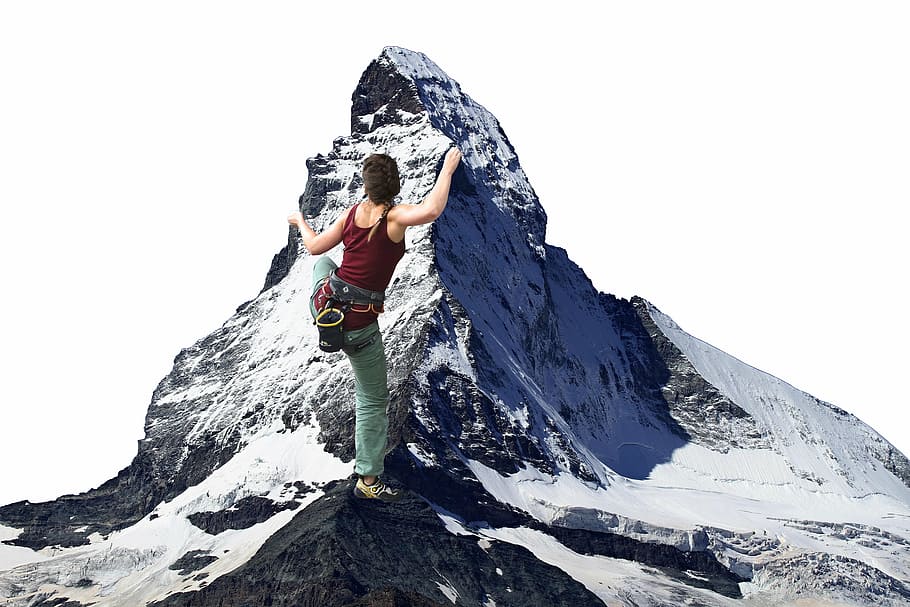 woman mountain climbing, climber, photo montage, climb, climbing sport, sport, matterhorn, alpinism, scale, summit