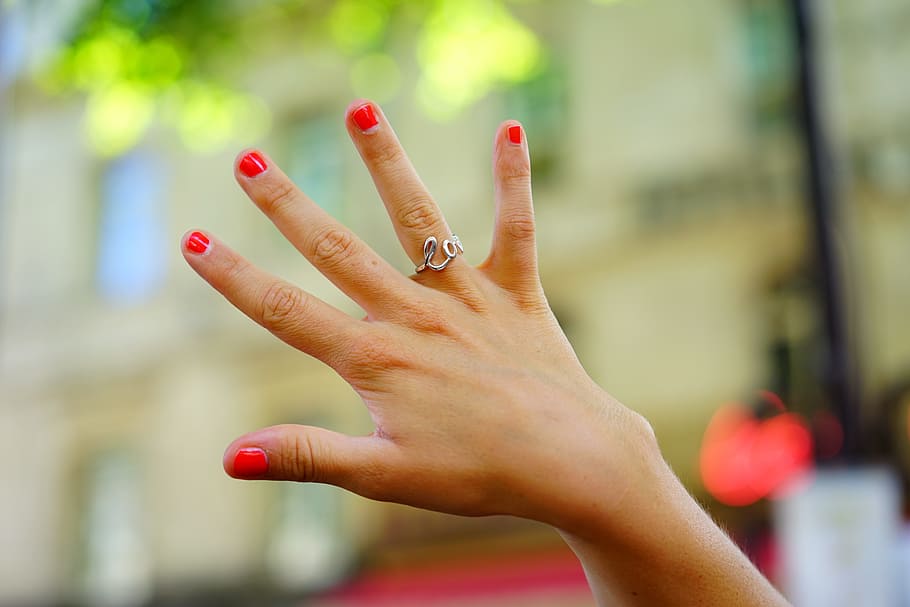 right person's hand, hand, finger, finger ring, love, painted red, lacquered, red, fingernails, thumb