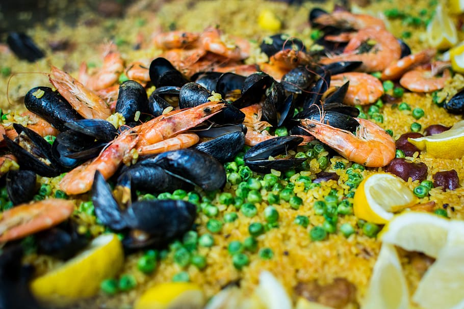 seafood paella, close, Seafood, paella, close up, colorful, rice, shrimps, Spanish, food