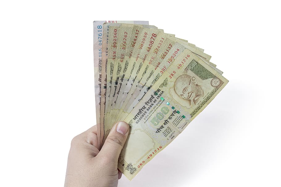 pessoa, exploração, pilha, 500 notas da rupia indiana, dinheiro, numerário, 500, 1000, moeda, negócios