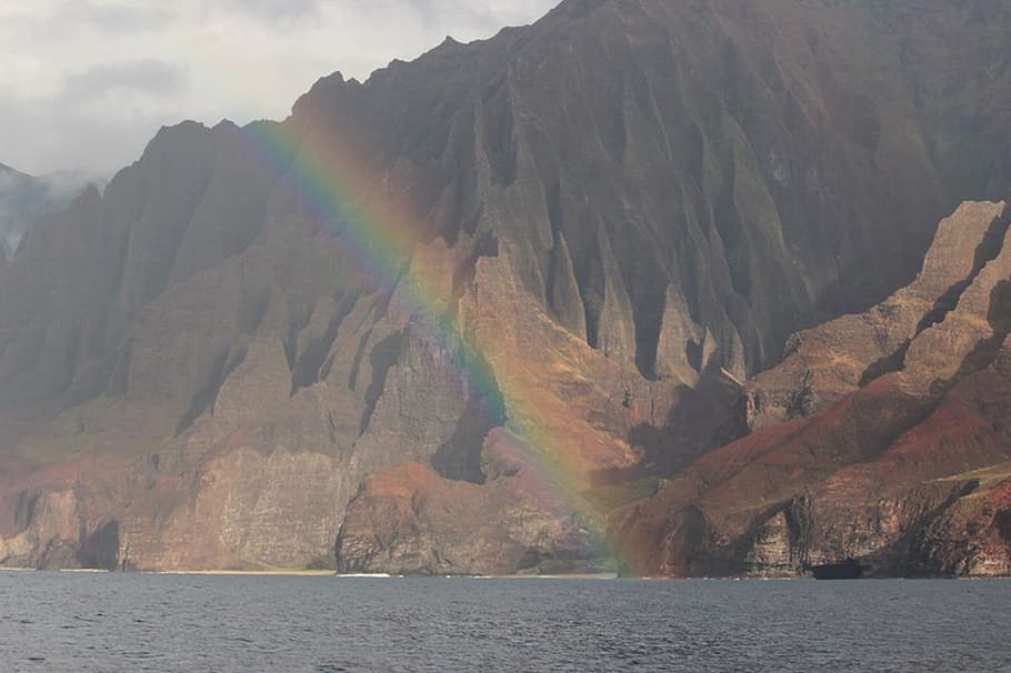 hawaii, kauai, rainbow, nature, landscape, mountains, mountain, sea, scenics, travel