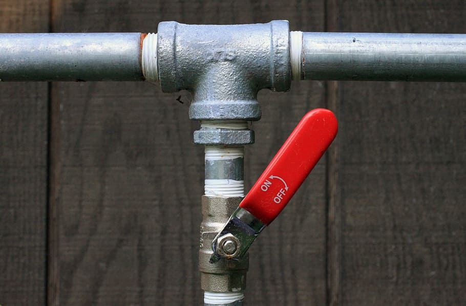 gray, metal water valve, plumbing, plumber, pipe, galvanized, metal, open, close, red