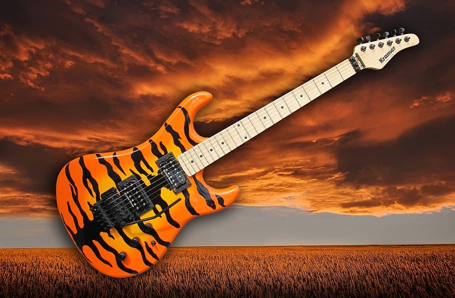 orange, black, white, tiger print stratocaster, electric, guitar, e guitar, music, electrically, musical instrument