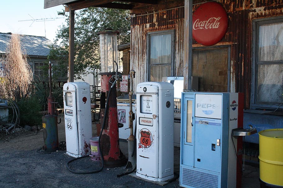 white, gas dispenser, pepsi vending machine, usa, arizona, route66, petrol stations, text, western script, communication