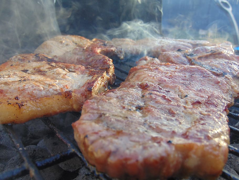 Meat, Food, Grilling, Charcoal, Grill, charcoal, grill, pork steaks, pork, delicious, grilled