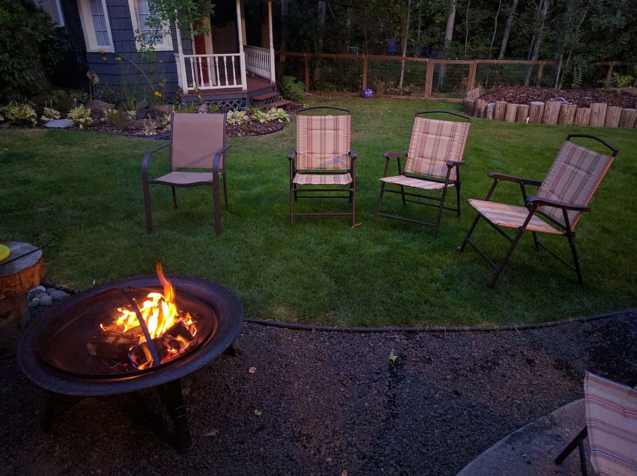 backyard, fire pit, chairs, summer, evening, outdoors, fire - Natural Phenomenon, fire, burning, flame
