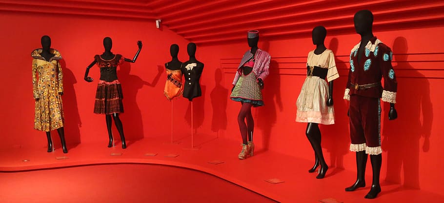 assorted-color clothes, manikin display, mannequins, dummies, fashion, clothes, red, clothing, group of people, human representation