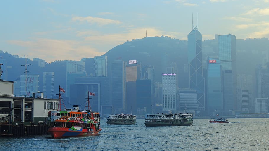 홍콩, 나룻배, 아시아, 도시, 획기적인, 빅토리아, 도심, 건물, 지평선, 항구