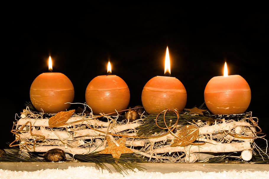 four, brown, pillar candles, advent wreath, advent, fourth advent, christmas time, candles, christmas, flame