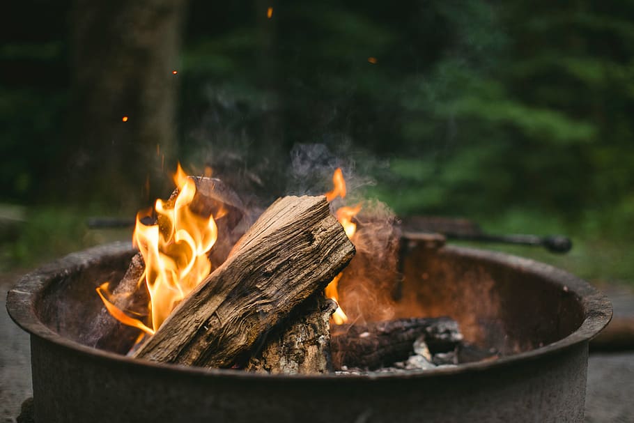 round black firepit, wood, fire, bonfire, campfire, trees, ash, heat, firewood, smoke