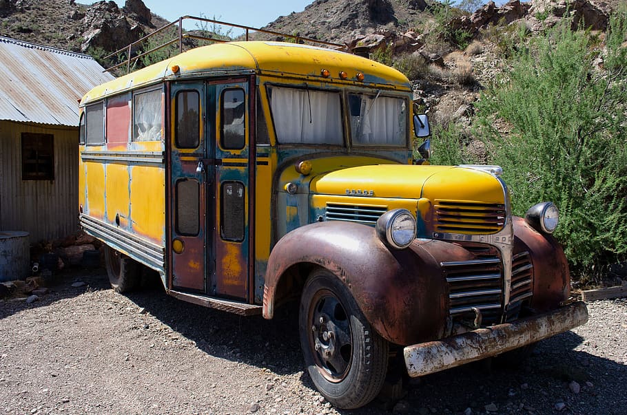 ônibus, abandonado, velho, resistiu, vintage, transporte, idade, enferrujado, cidade fantasma de nelson, modo de transporte