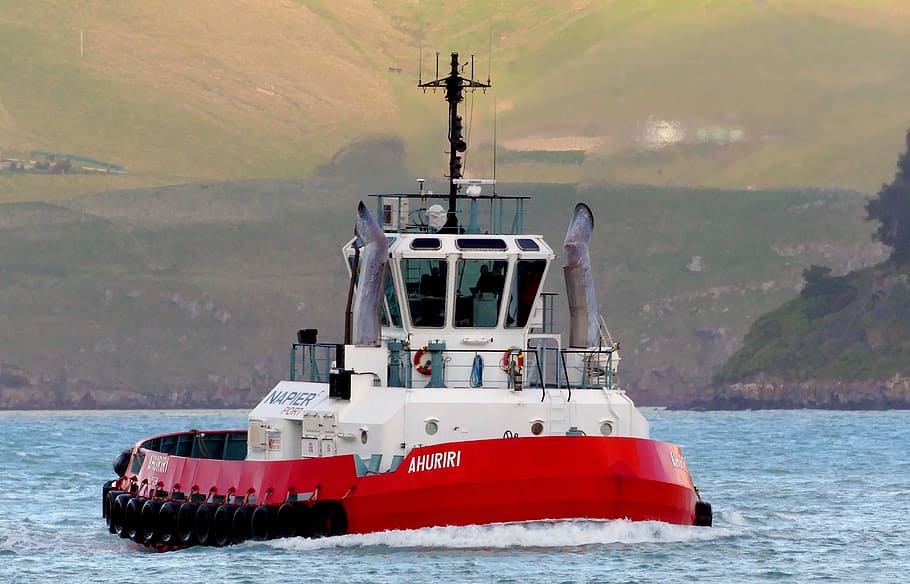 AHURIRI, Tug, NZ, red and white boat, nautical vessel, water, mode of transportation, transportation, sea, mountain