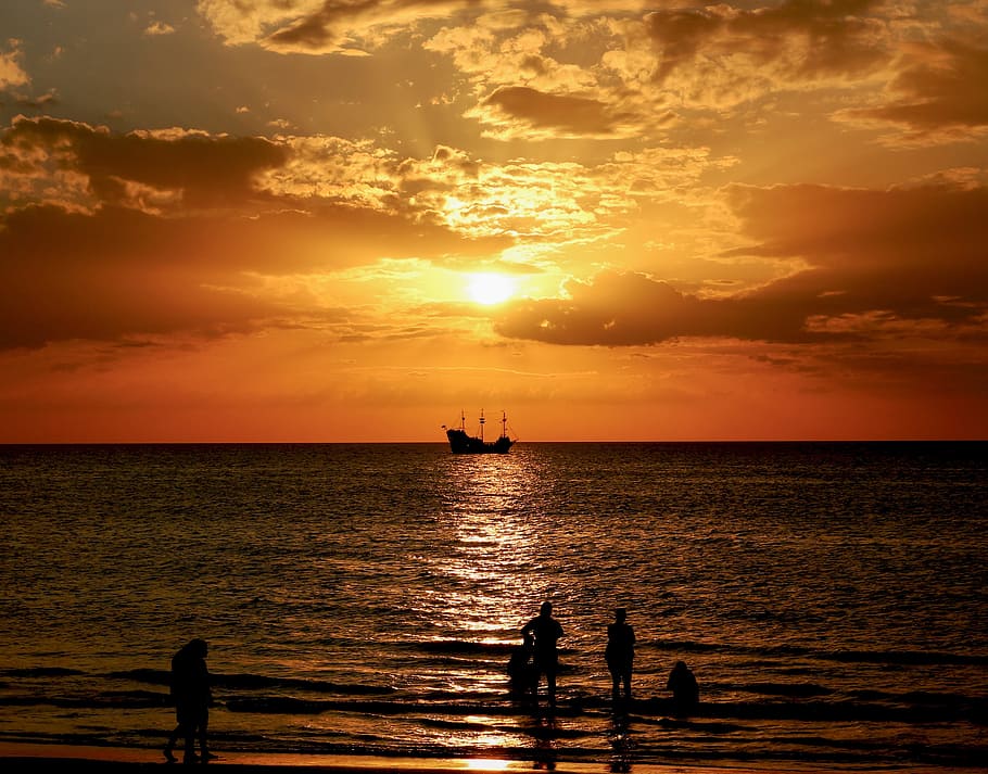 silhouette photo, people, beach, noontime, sunset, boat, sea, sailboat, landscape, horizon