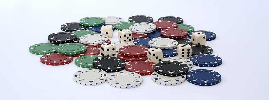 assorted poker chips, cube, gambling, luck, play, gesellschaftsspiel, pay, instantaneous speed, craps, win
