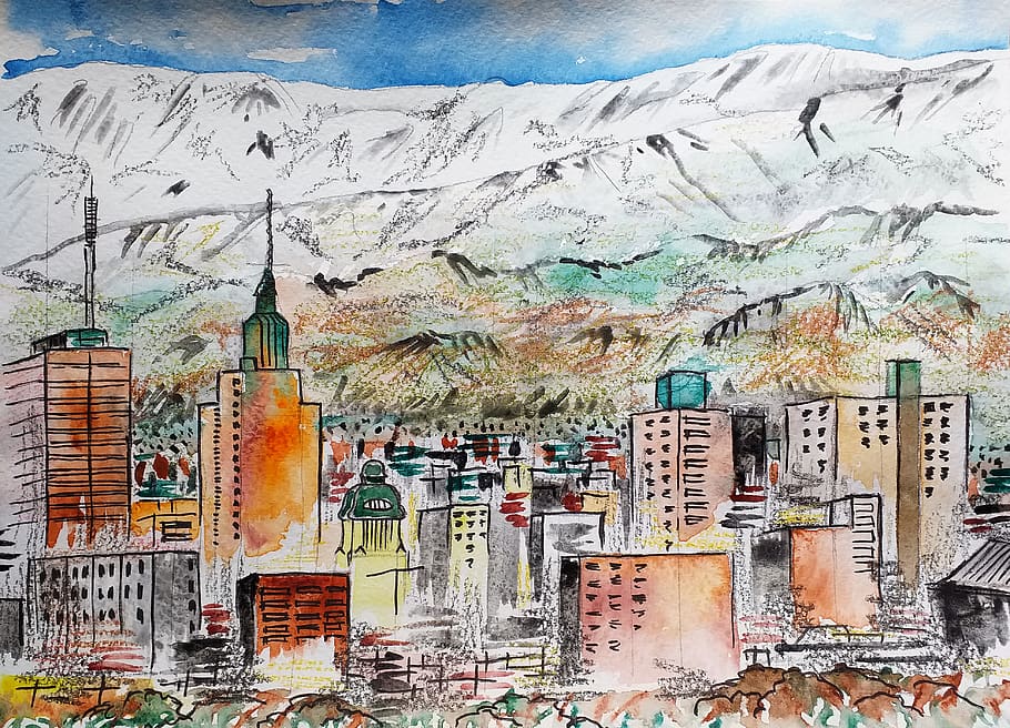 argentina, mendoza, city, watercolor, figure, mountains, south america, landscape, nature, mountain