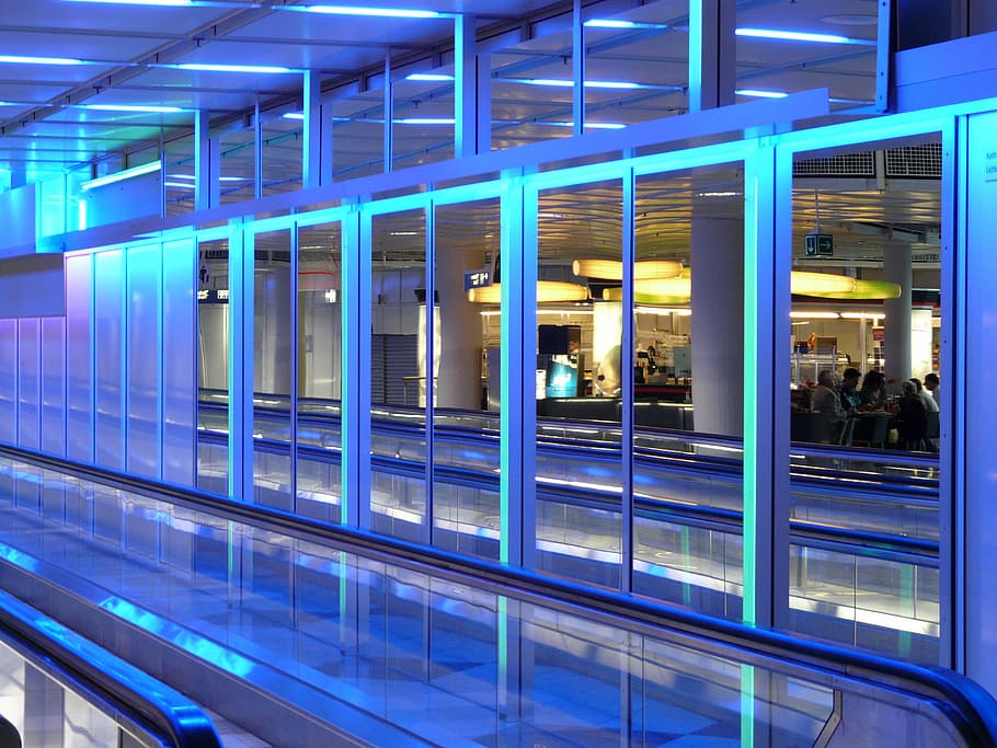 lighted, glass partition structure, mirror, mirroring, modern, architecture, blue, neon light, bluish, neon