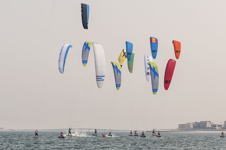 kite boarding, qatar, pearl, qnk 2017, water, sea, nature, transportation, nautical vessel, multi colored