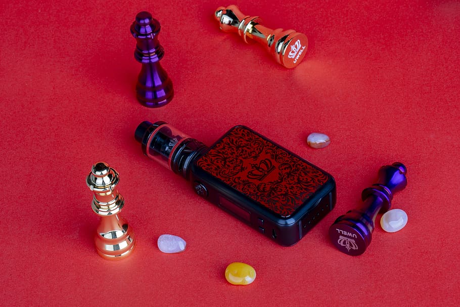uwell, vape, electronic cigarette, preferably asheville, chess, still life, red, high angle view, indoors, table