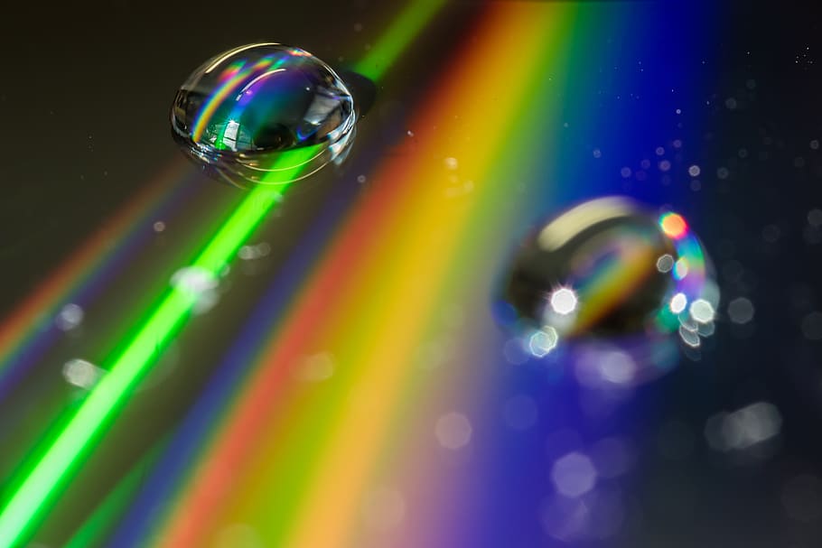 water, droplets, rainbow, multi colored, close-up, reflection, selective focus, sphere, illuminated, bubble