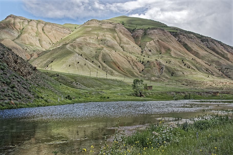 quirguistão, montanhas alai, vale alai, montanhas, paisagem, céu, nuvens, rio, água, a rodovia pamir