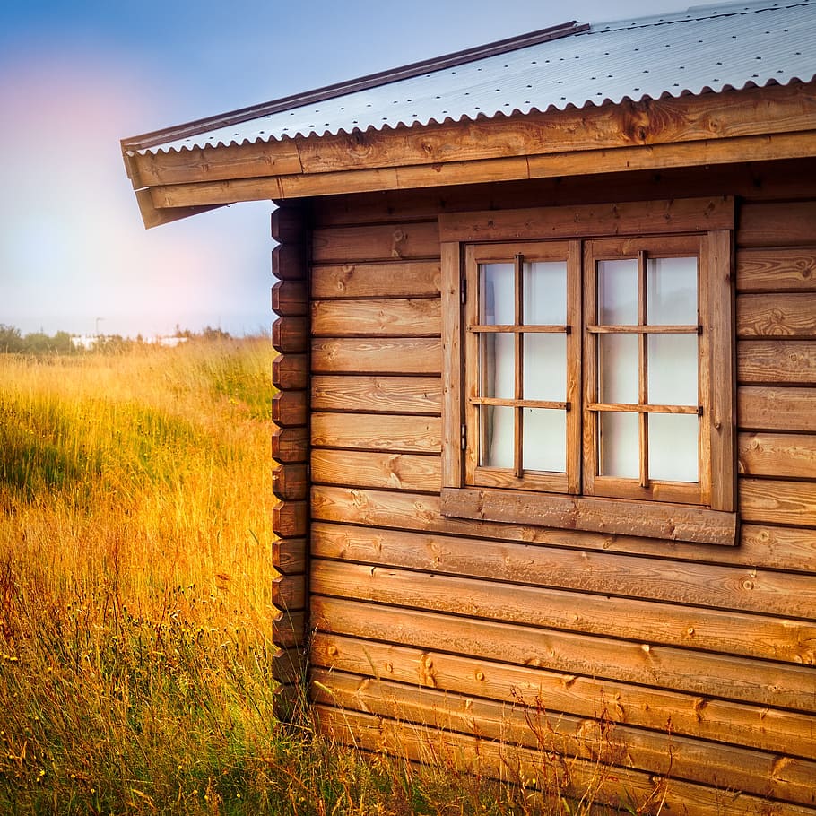 Hut, Meadow, Grass, Window, Log Cabin, meadow, grass, closed, colorful, nature, field