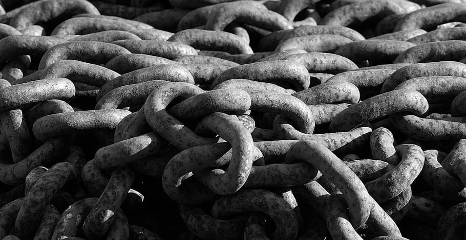 cadena, eslabones, acero, unido, eslabón de cadena, hierro, blanco negro, pesado, fuerte, resistencia