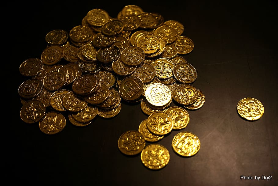 round gold-colored coin collection, bitcoin, coins, gold, money, currency, wealth, rich, cash, business