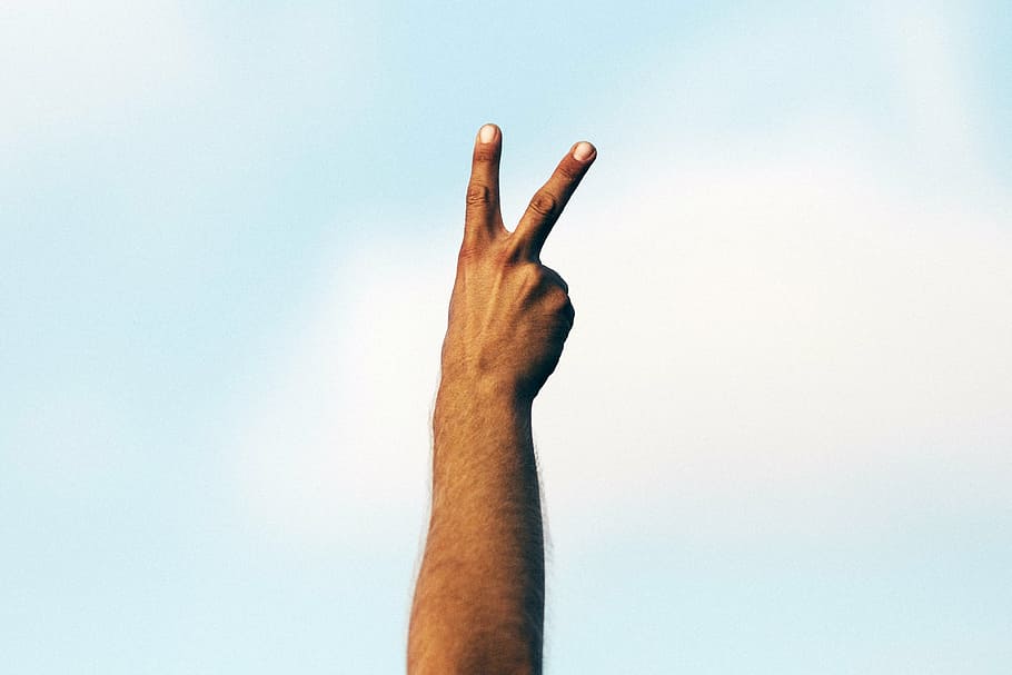 person, hand, peace sign, fingers, peace, clouds, sky, blue, white, brown