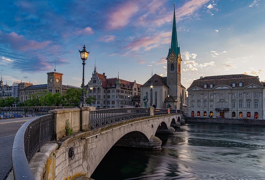 Zurich, ciudad, Suiza, arquitectura, edificio, centro histórico, verano, casas, cielo, iglesia