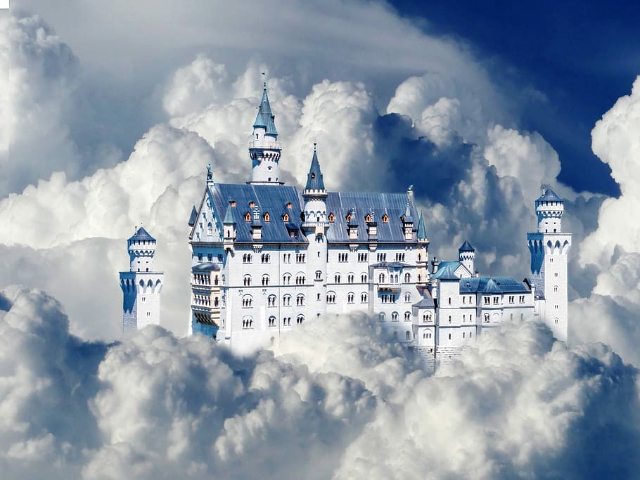 white, blue, castle, surrounded, clouds, sky, cloud, cumulus, cloud formation, cumulus clouds