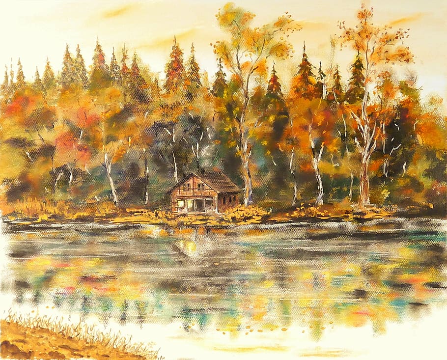 brown, wooden, house, body, water, surrounded, leaf trees painting, home, lake, landscape