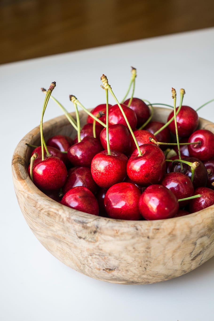 cherries, wooden, bowl, Fresh, close up, fruit, healthy, red, summer, white background