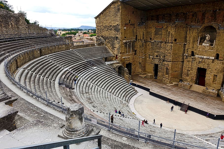 Romano, anfiteatro, monumento, património, arqueologia, frança, antiga, histórico, unesco, laranja