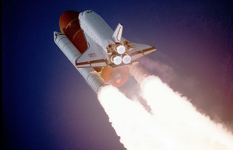 white, red, jet, daytime, space shuttle, lift-off, liftoff, nasa, aerospace, outer space