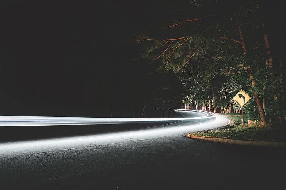 timelapse photography, vehicle, dark, road, trees, plants, nature, outdoor, travel, night