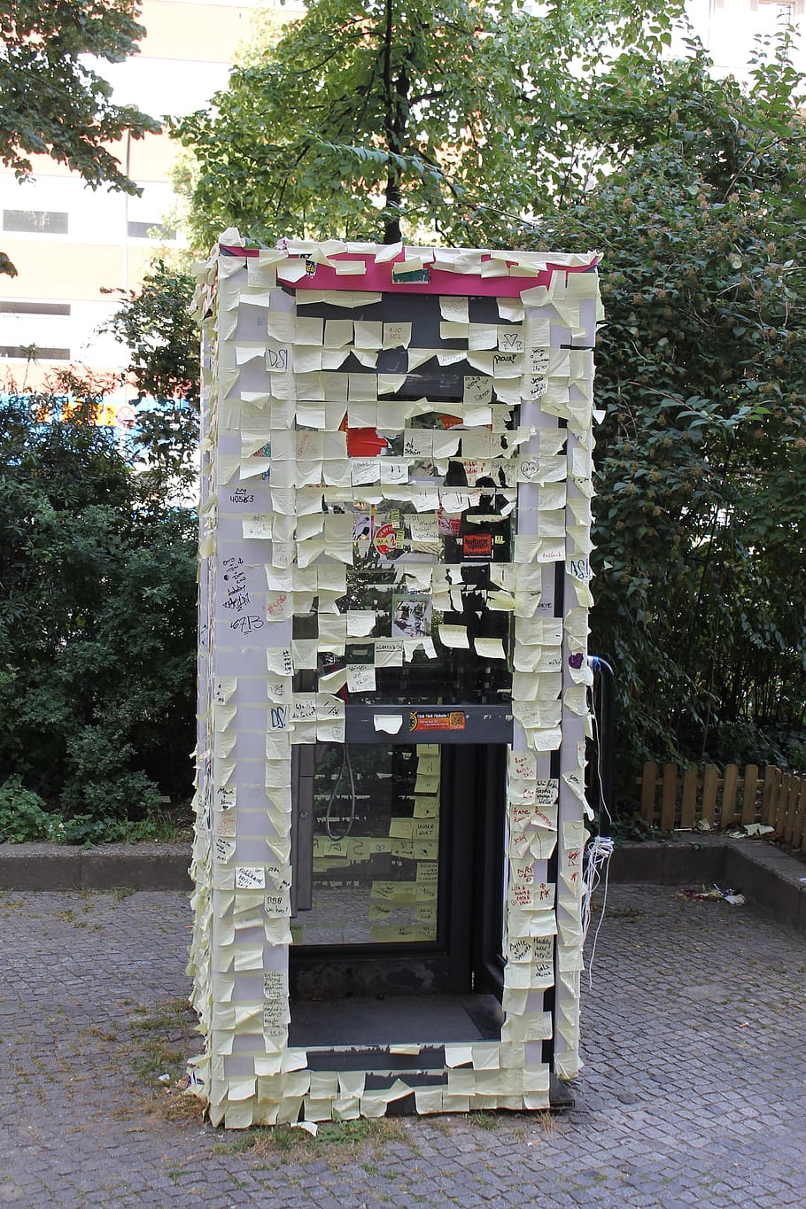 Postit, Berlin, Phone Booth, notes, tree, day, outdoors, built structure, building exterior, plant