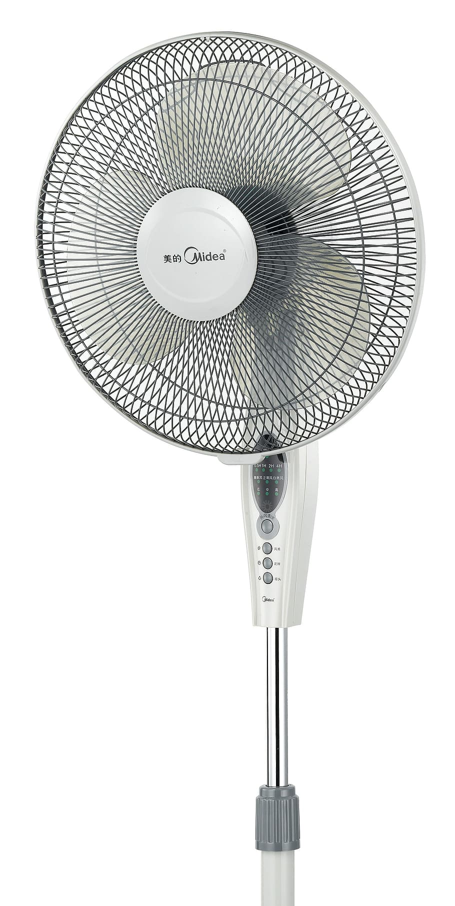 white pedestal fan, electric fans, blower, fan, wind turbine, motor, white background, studio shot, cut out, indoors