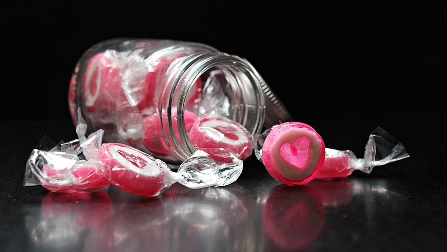 clear, mason jar, filled, round, pink, candies, candy, heart, heart candy, delicious