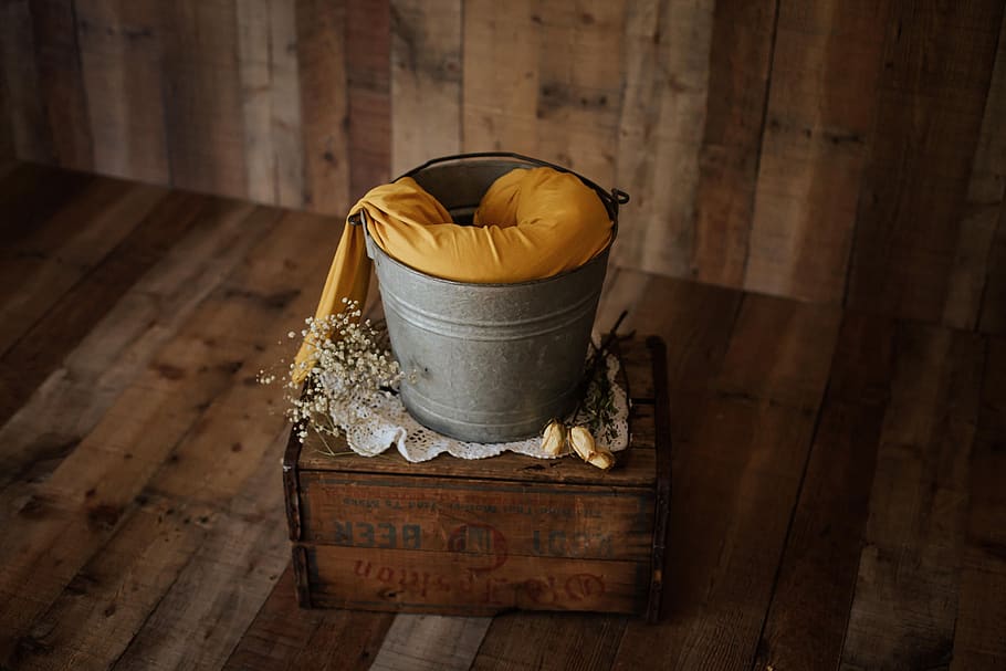 newborn, backdrop, yellow, flower, bucket, wood - material, indoors, container, food and drink, food