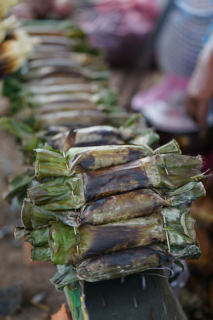 道路, バナナの葉, ビーガン, サツマイモ, 通りは食べる, おいしい, 空腹, カンボジア, 食べ物, 食べ物と飲み物