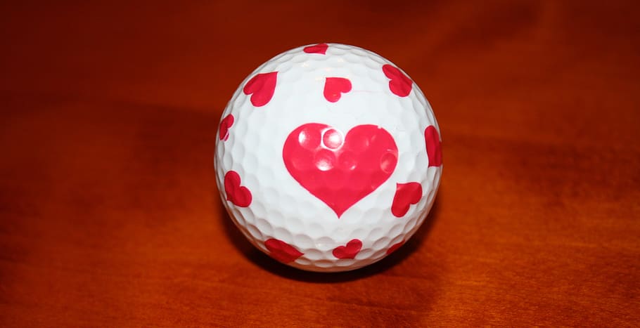 golf ball, white, heart, love, wood, golf, ball, red, indoors, close-up