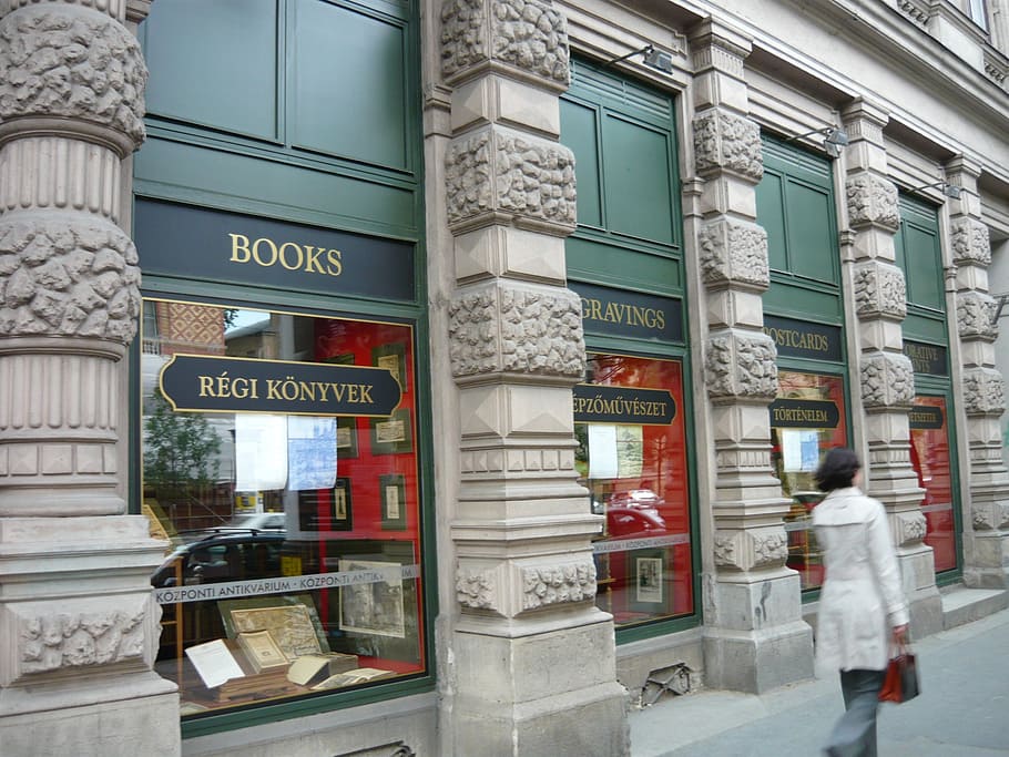 bookstore, antiquariat, woman, showcase, urban, antique, architecture, mood, used, portal