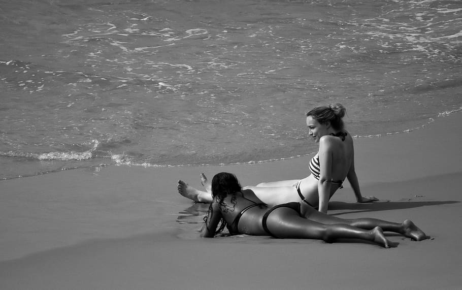 people, beach, seashore, two, woman, water, sea, full length, bikini, young adult