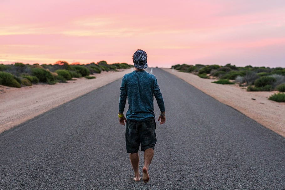 man, walking, road, barefoot, person, sky, sunrise, sunset, rear view, the way forward