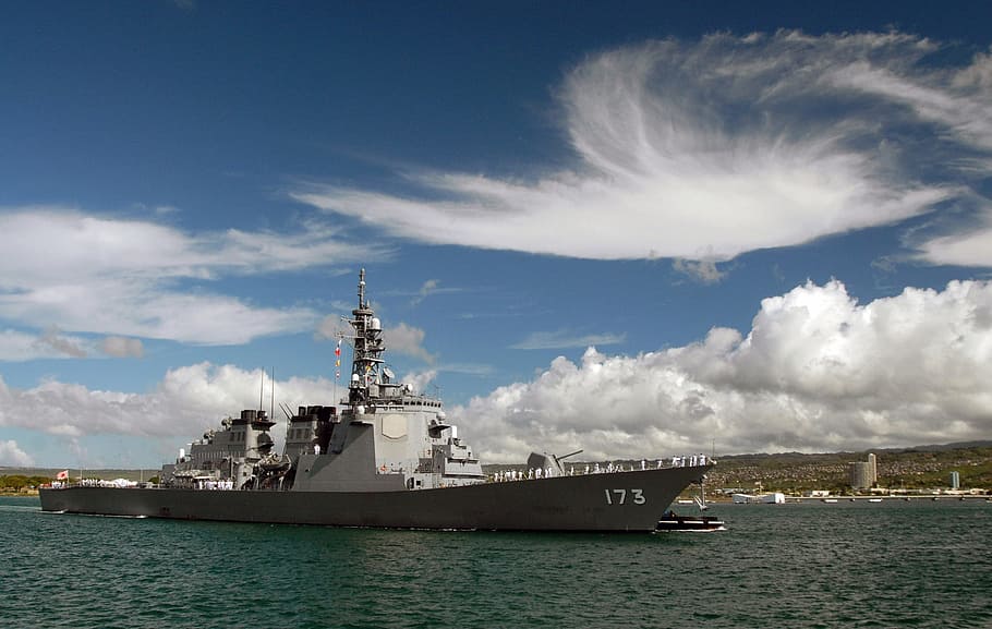 white, boat, cloudy, sky, destroyer, warship, pearl harbor, ship, japanese, js congo