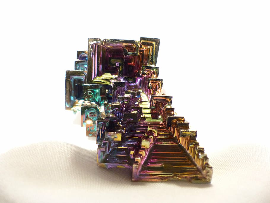 iridescent tabletop decor, glazed includes, mineral, iridescent, bismuth, bismuth crystal, bismuth crystal level, bred, aesthetic, staircase shaped