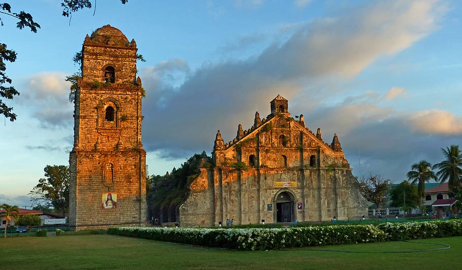 PAOAY CHURCH, Ilocos Norte, Philippines, brown cathedral, architecture, built structure, building exterior, sky, building, cloud - sky